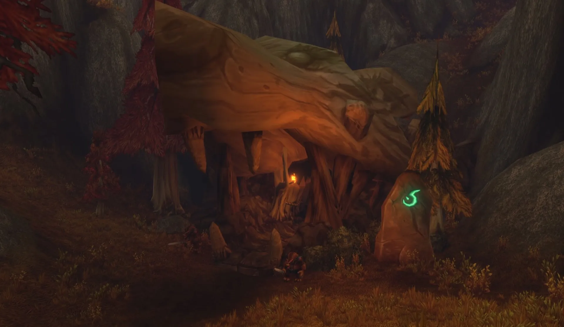 A cave entrance under a huge fallen tree with a green rune on a standing stone and a furbolg at the entrance, a screenshot from World of Warcraft: Forever