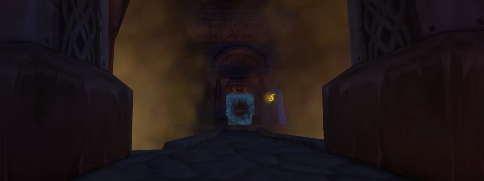 A long hall with red banners in Old Ironforge, leading to the blue portal of the Hall of Thanes, a screenshot from the beta of World of Warcraft: Forever