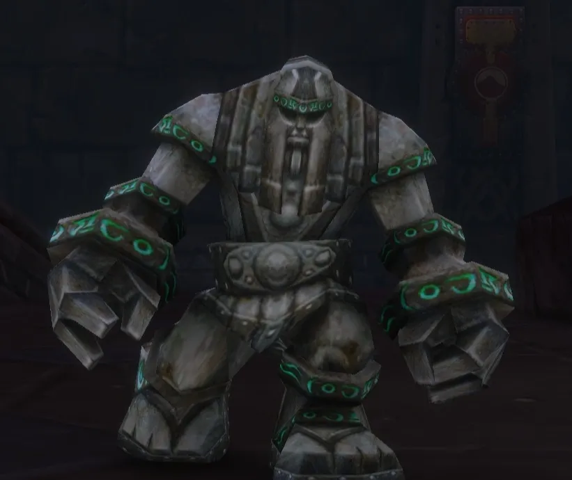 A Lesser Stone Golem, a grey stone giant with green runes, a screenshot from the beta of World of Warcraft: Forever