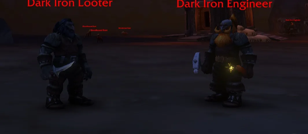 A Dark Iron Looter and a Dark Iron Engineer in a dark hall of the Hall of Thanes, a screenshot from the beta of World of Warcraft: Forever