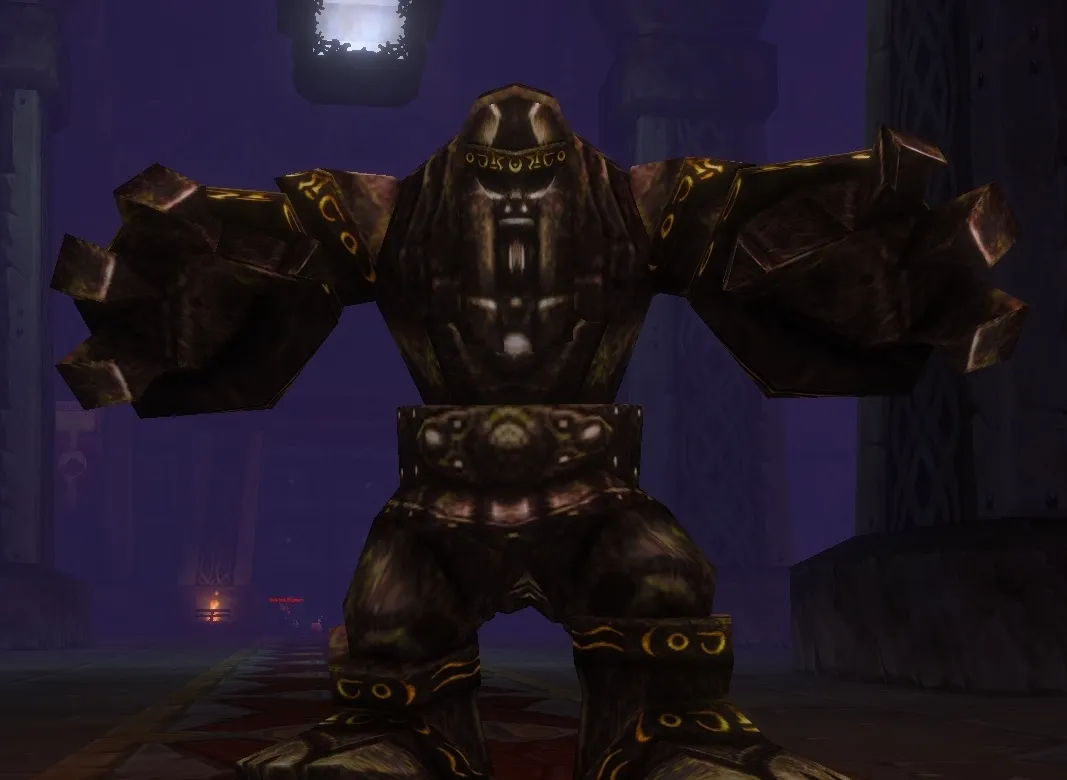Plunder, a dark bronze golem with huge fists, in a hall with a red carpet, a screenshot from the beta of World of Warcraft: Forever