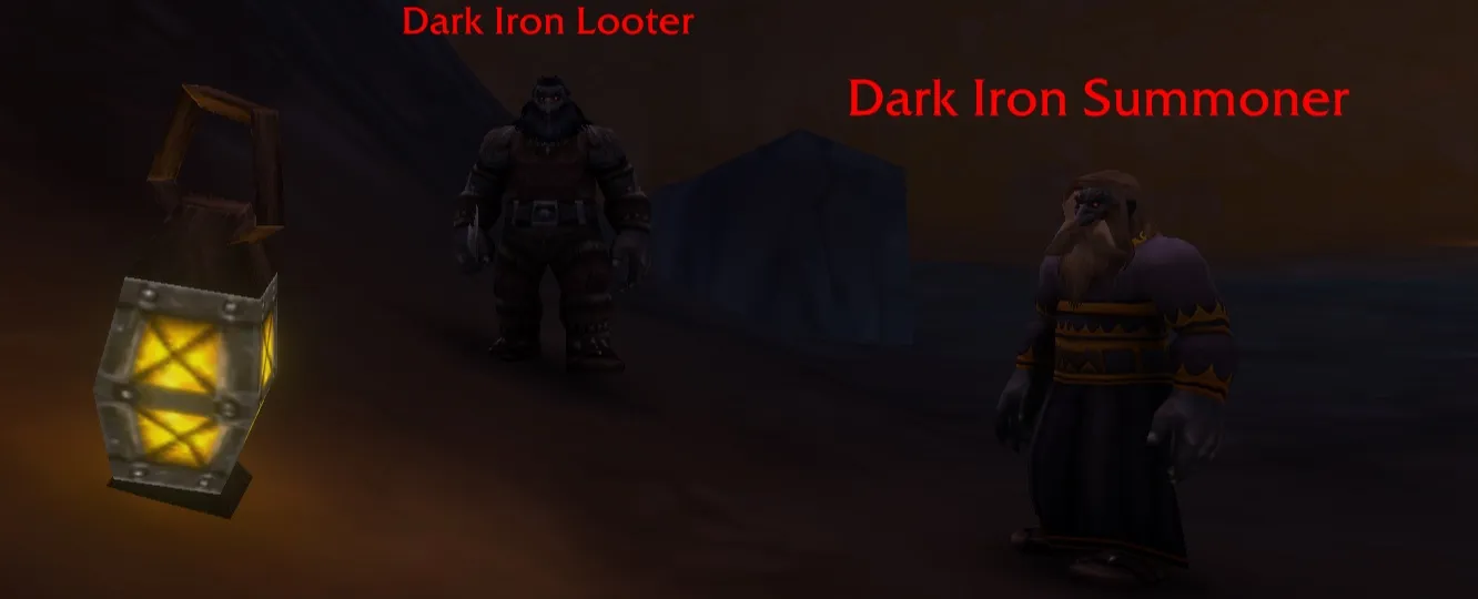 A Dark Iron Summoner and a Dark Iron Looter next to a lantern, a screenshot from the beta of World of Warcraft: Forever