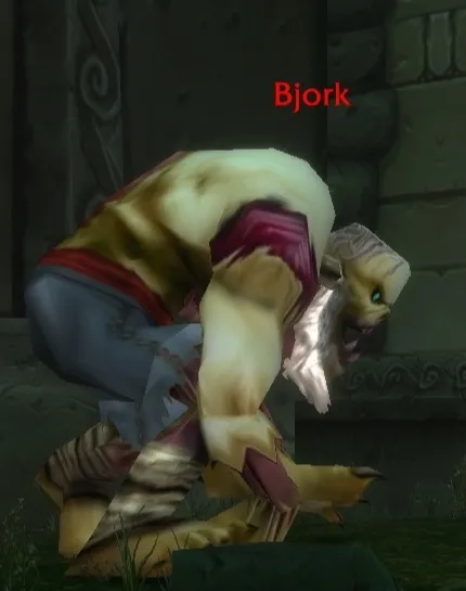 Bjork, a hunched undead with a white beard, in front of a stone wall, a screenshot from the beta of World of Warcraft: Forever