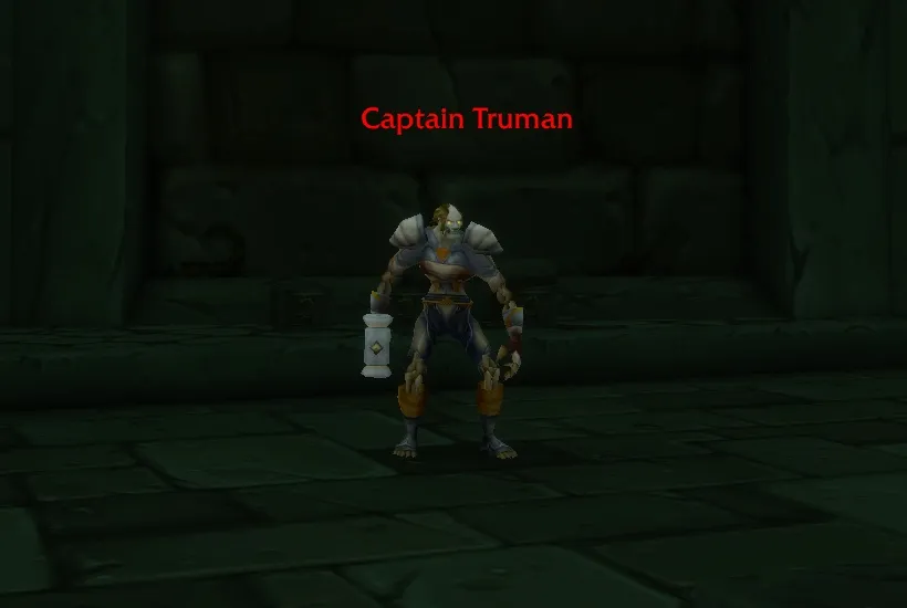 Captain Truman, an undead soldier with a lantern in a dark stone hall, his name in red above his head, a screenshot from the beta of World of Warcraft: Forever