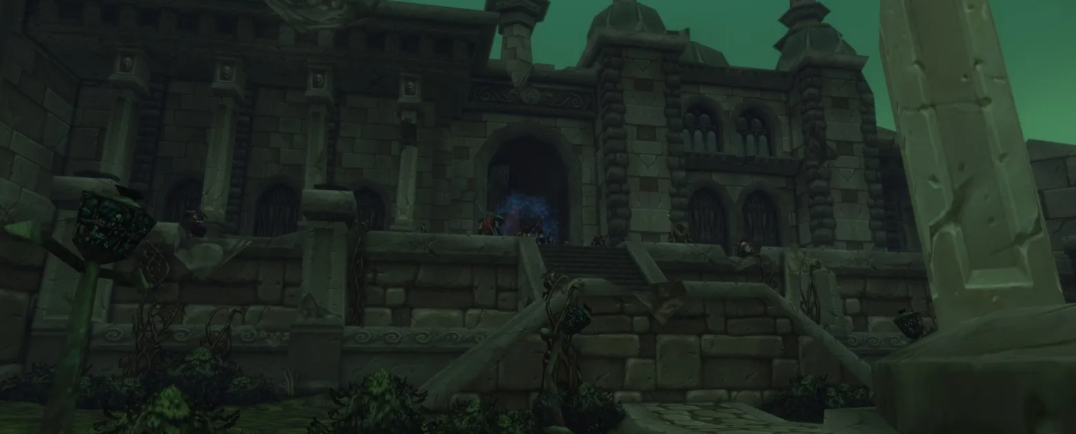The gate of a ruined palace in Lordaeron with stairs and overgrown gardens in front of it, a screenshot from the beta of World of Warcraft: Forever