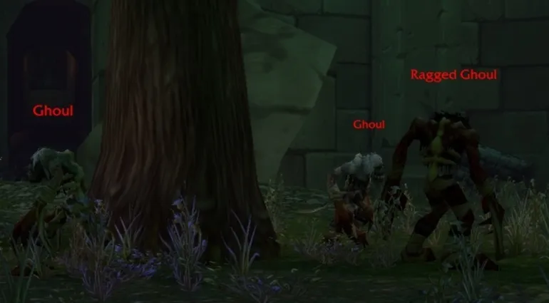 Two Ghouls and a Ragged Ghoul under a tree in front of a stone wall, a screenshot from the beta of World of Warcraft: Forever
