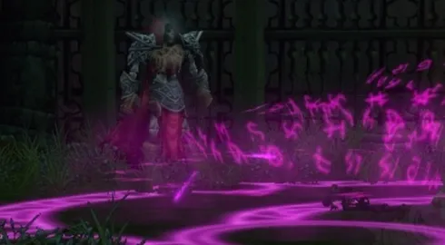 Rath’mael, an armored undead in a red robe, in front of an iron fence, with purple magic swirling over the ground, a screenshot from the beta of World of Warcraft: Forever