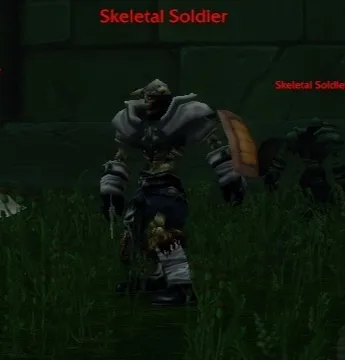 Skeletal Soldiers with shields and axes in the tall grass of Lordaeron, a screenshot from the beta of World of Warcraft: Forever