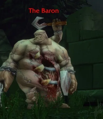 The Baron, a stitched abomination with a meat hook and a cleaver, a screenshot from the beta of World of Warcraft: Forever