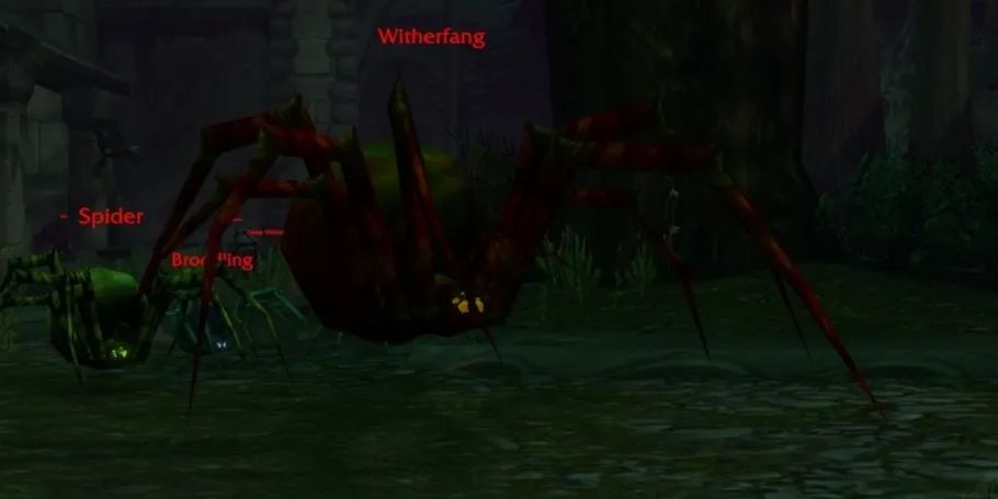 Witherfang, a large red spider, with two smaller spiders at its side in the streets of Lordaeron, a screenshot from the beta of World of Warcraft: Forever