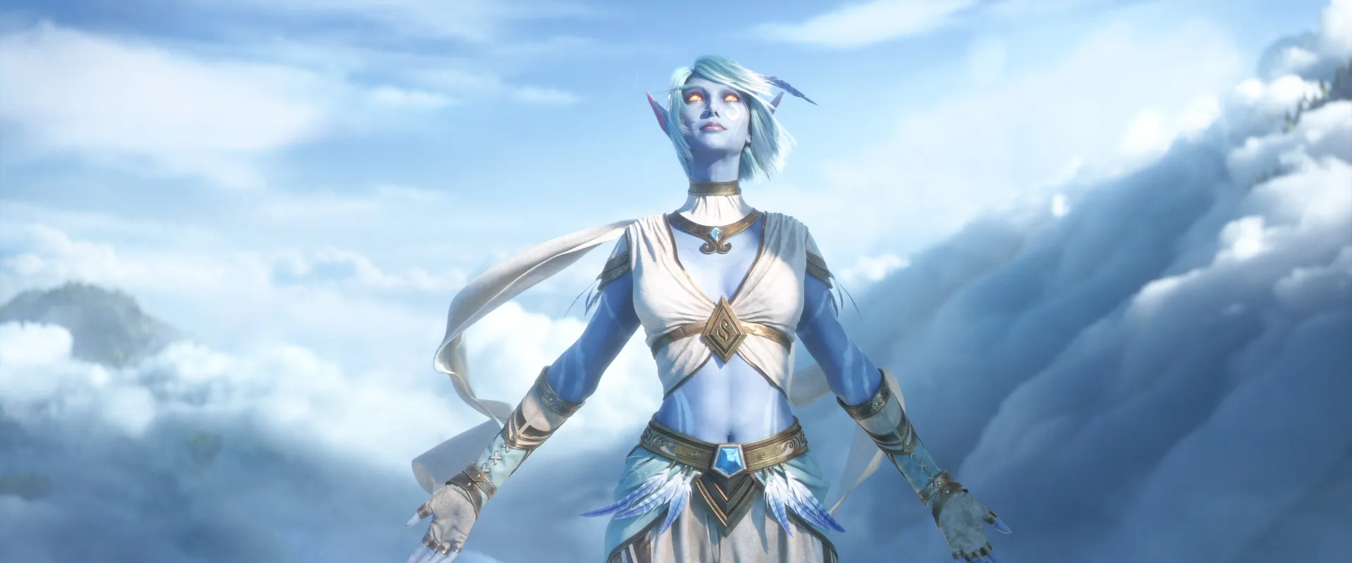 A Skyborne woman with blue skin and white robes above the clouds, official artwork of World of Warcraft: Forever