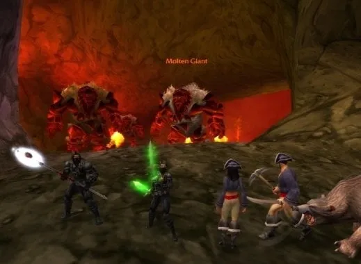 Two ninjas and two pirates next to a Molten Giant, the costumes of Savory Deviate Delight in the original World of Warcraft