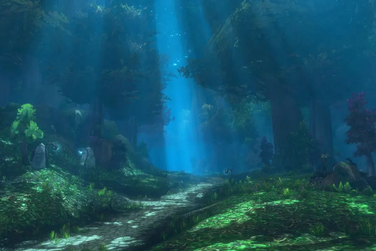 A path through the blue-green forest of Ashenvale under shafts of light, a screenshot from World of Warcraft: Forever