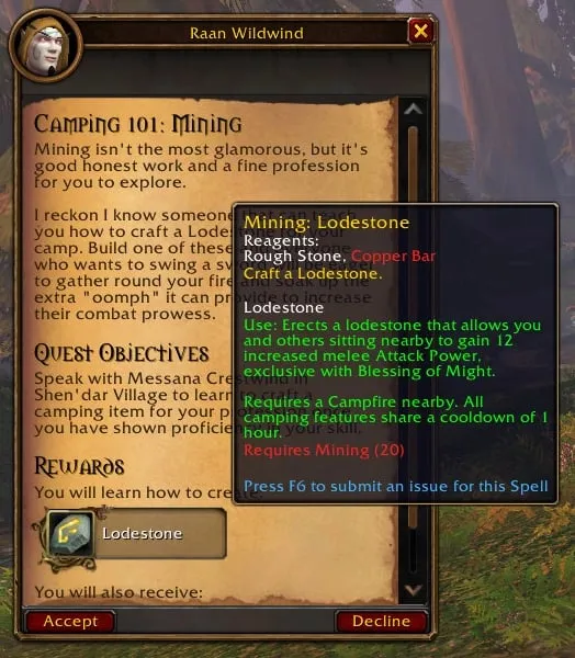 The quest window of Camping 101: Mining, which teaches the Lodestone, a screenshot from the beta of World of Warcraft: Forever