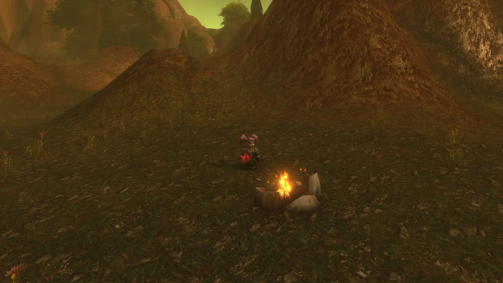 A player cooking at a small campfire in a dry valley at dusk, a screenshot from the beta of World of Warcraft: Forever