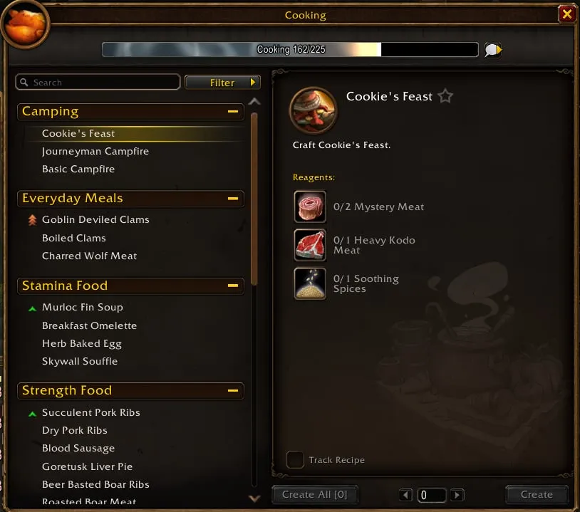 The Cooking window with the categories Camping, Everyday Meals, Stamina Food and Strength Food, a screenshot from the beta of World of Warcraft: Forever