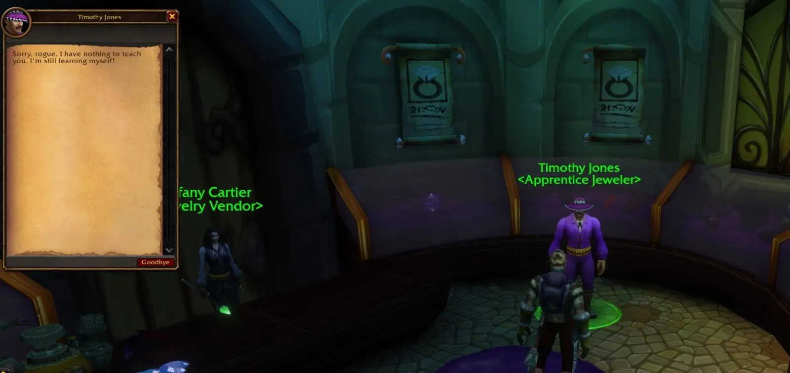 Timothy Jones, Apprentice Jeweler, in a jewelry shop in Dalaran, with an empty dialog window, a screenshot from the beta of World of Warcraft: Forever