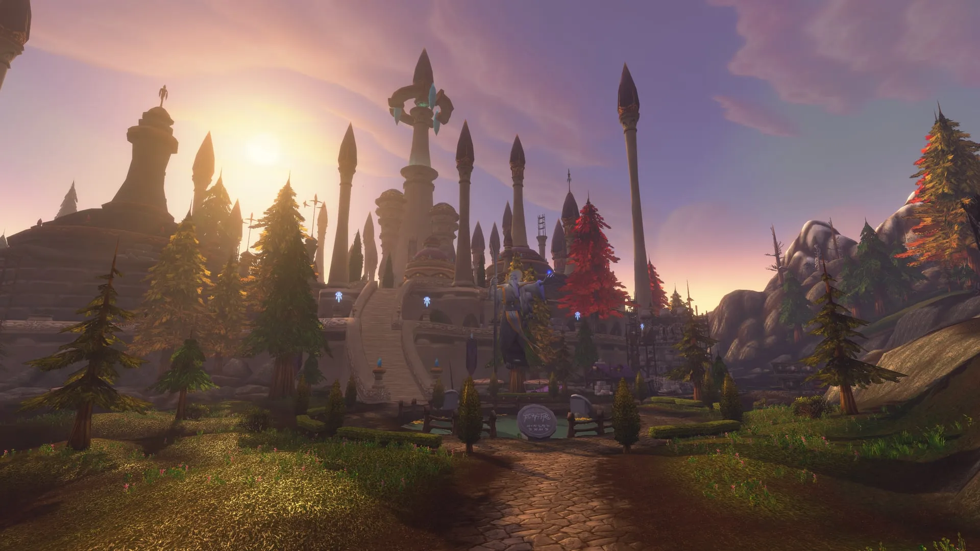 Dalaran at sunset, the violet towers of the city of mages above the Alterac Mountains, a screenshot from the beta of World of Warcraft: Forever