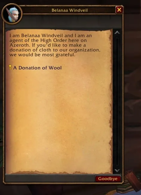 The quest window of Belanaa Windveil, an agent of the High Order, with A Donation of Wool, a screenshot from the beta of World of Warcraft: Forever