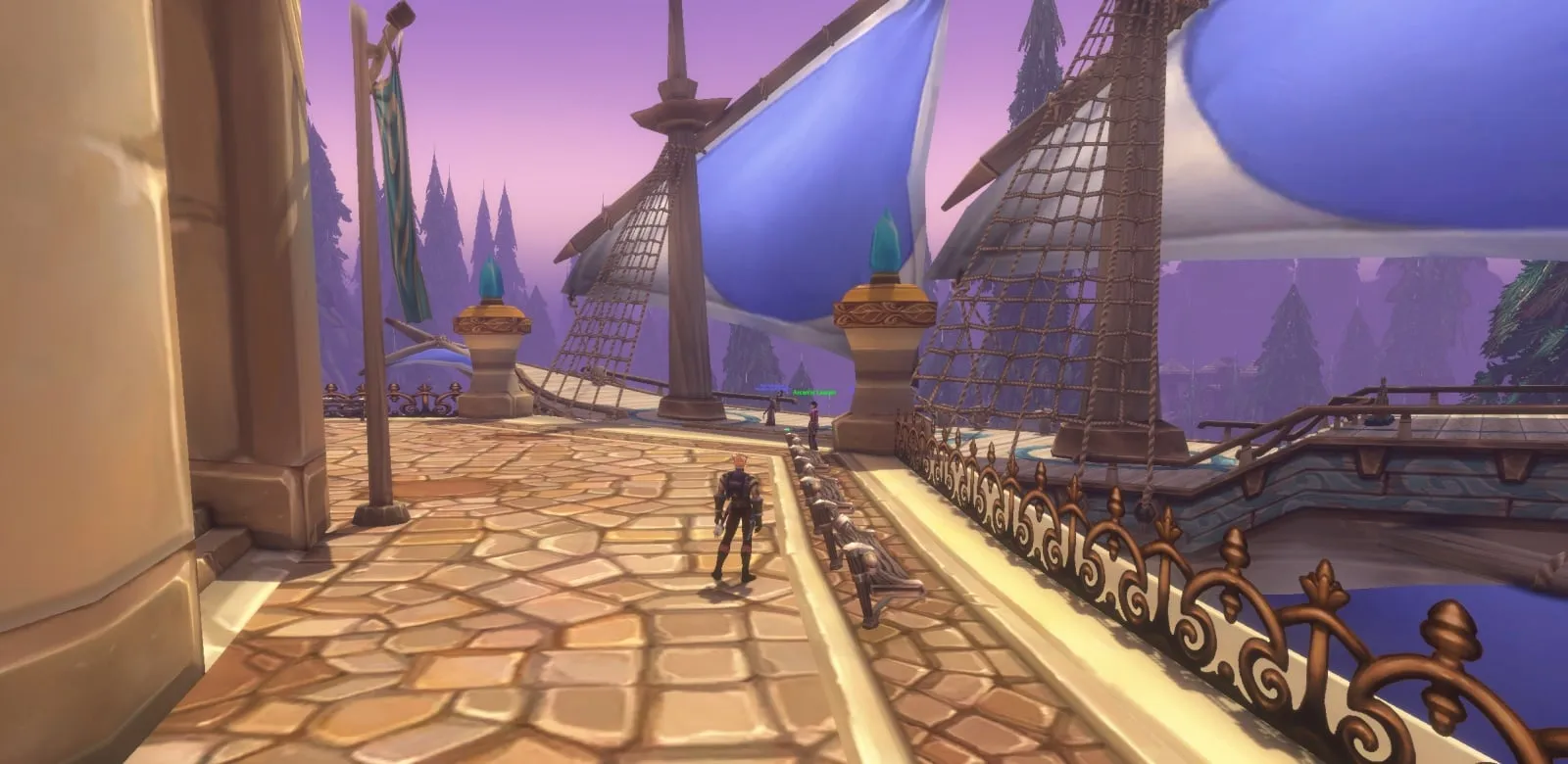 The flying ship at its dock in Dalaran, with blue and white sails, a screenshot from the beta of World of Warcraft: Forever