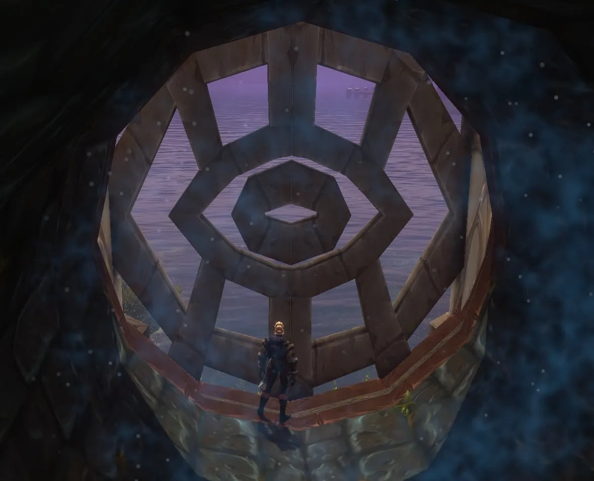 A player on a round grate in front of the entrance of the City of Dalaran, the way in for the Horde, a screenshot from the beta of World of Warcraft: Forever