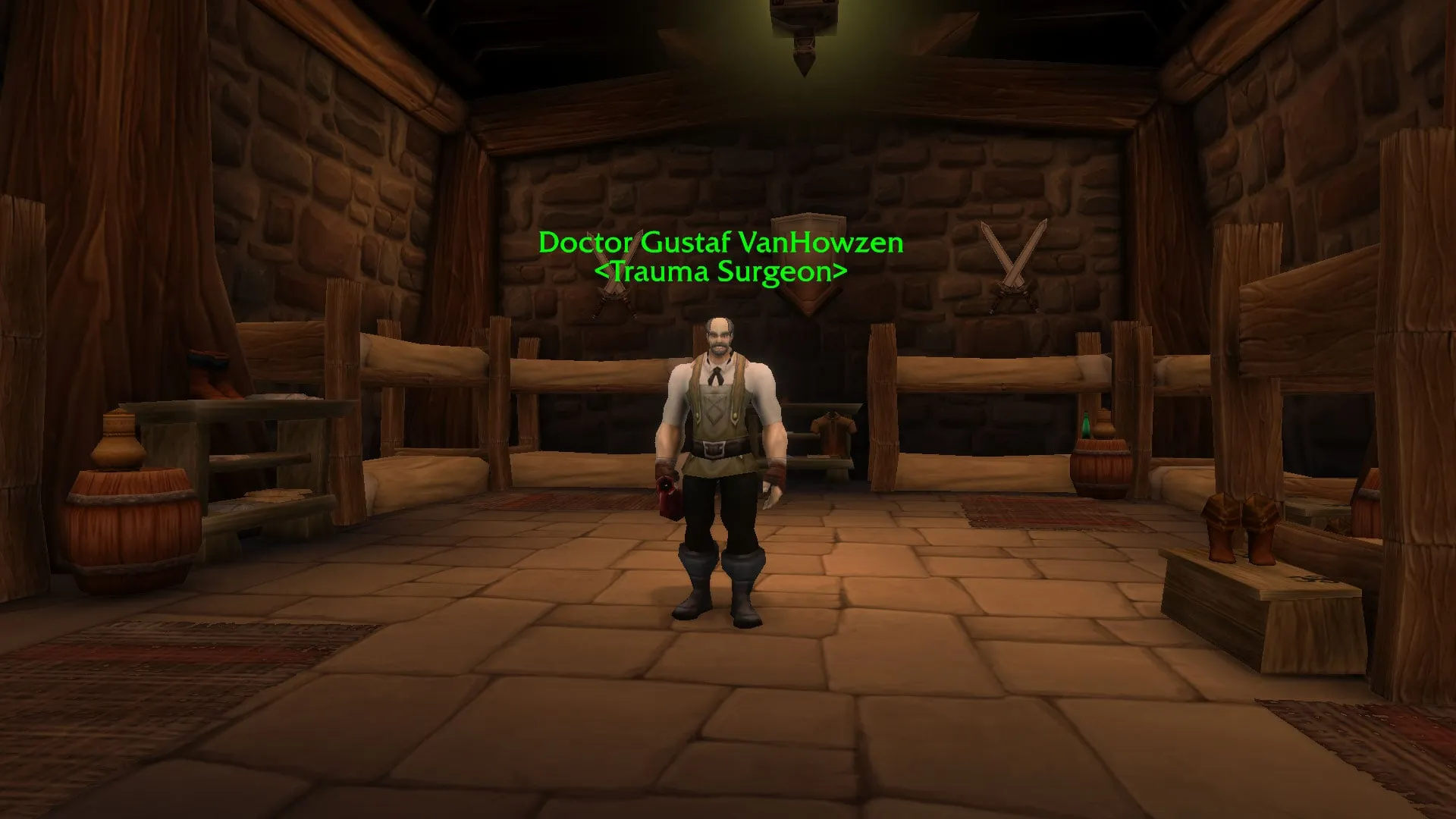 Doctor Gustaf VanHowzen, Trauma Surgeon, in his infirmary in Theramore, a screenshot from the beta of World of Warcraft: Forever