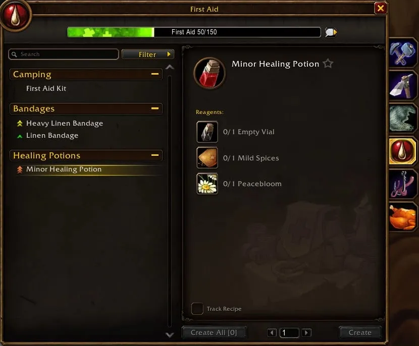 The First Aid window with the categories Camping, Bandages and Healing Potions, a screenshot from the beta of World of Warcraft: Forever