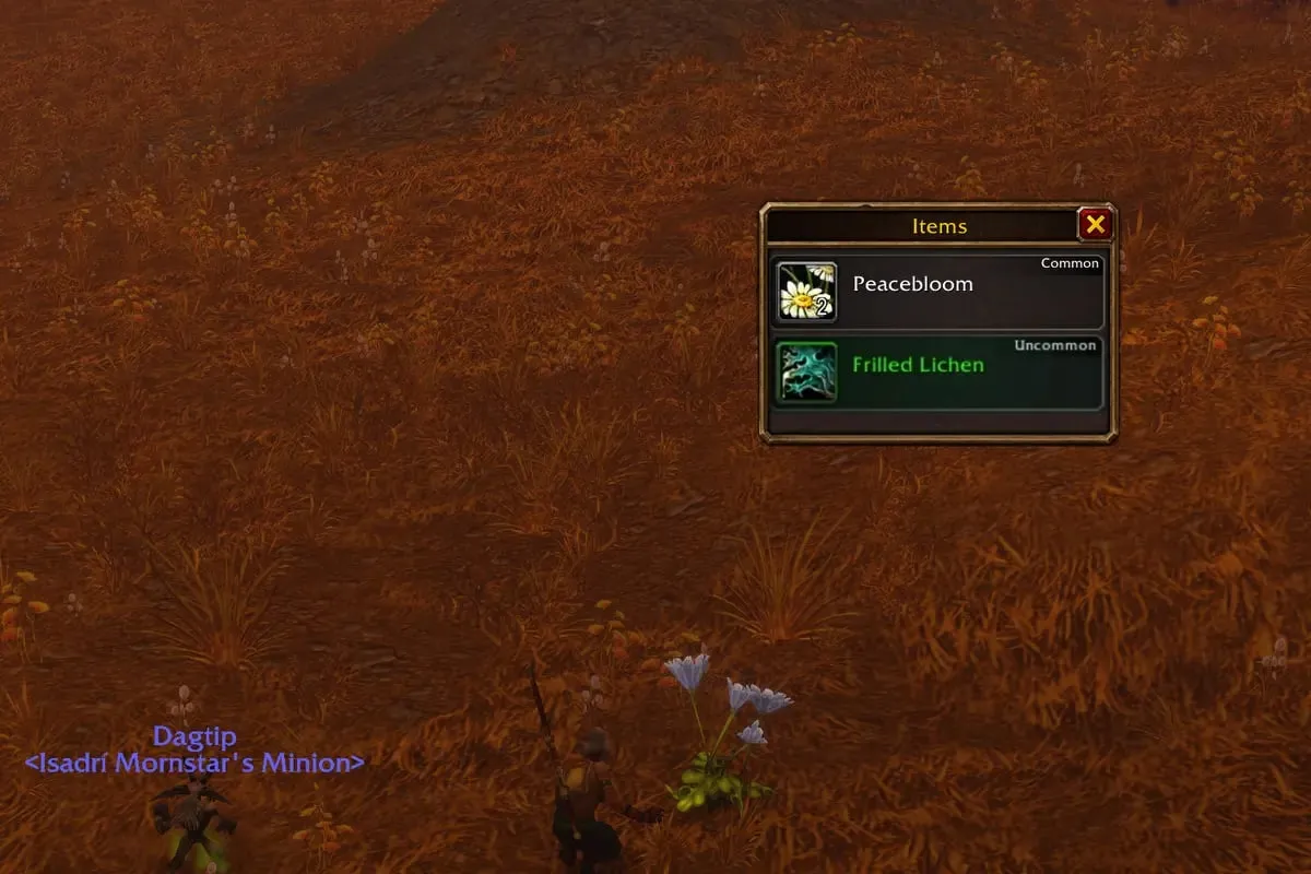 A loot window with Peacebloom and Frilled Lichen after picking a herb, a screenshot from the beta of World of Warcraft: Forever