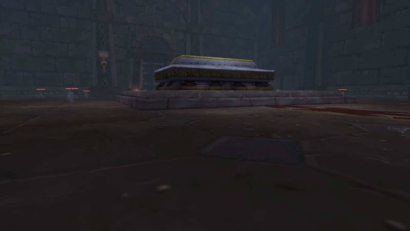 Anvilmar’s Rest, a dark room with a large stone tomb in the middle, a screenshot from the beta of World of Warcraft: Forever