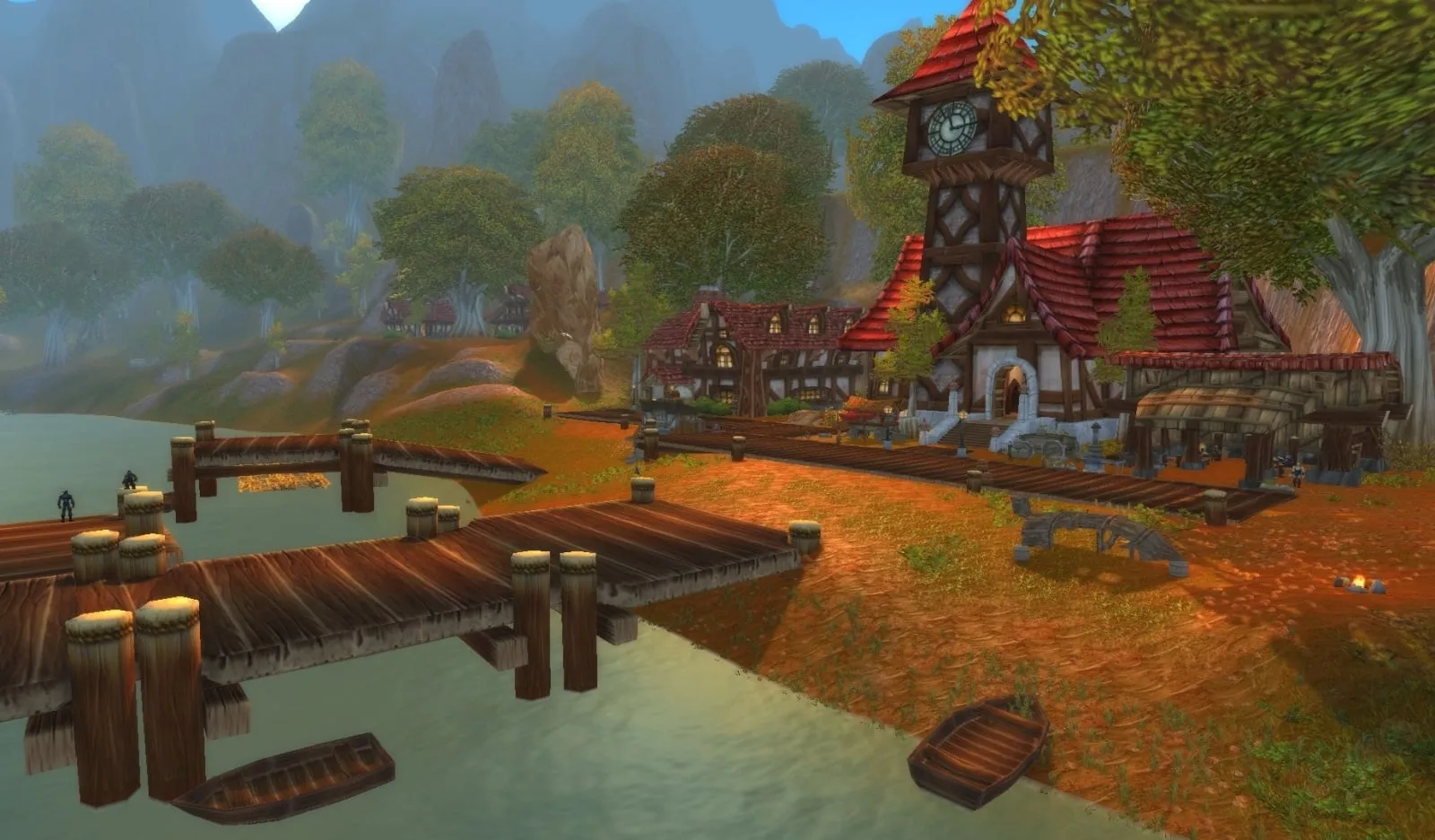 The docks and the town hall of Lakeshire in Redridge Mountains on an autumn day, a screenshot from World of Warcraft: Forever