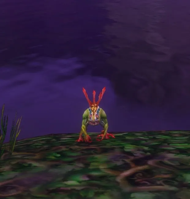 A player in Murloc form on a dark shore, a screenshot from the beta of World of Warcraft: Forever