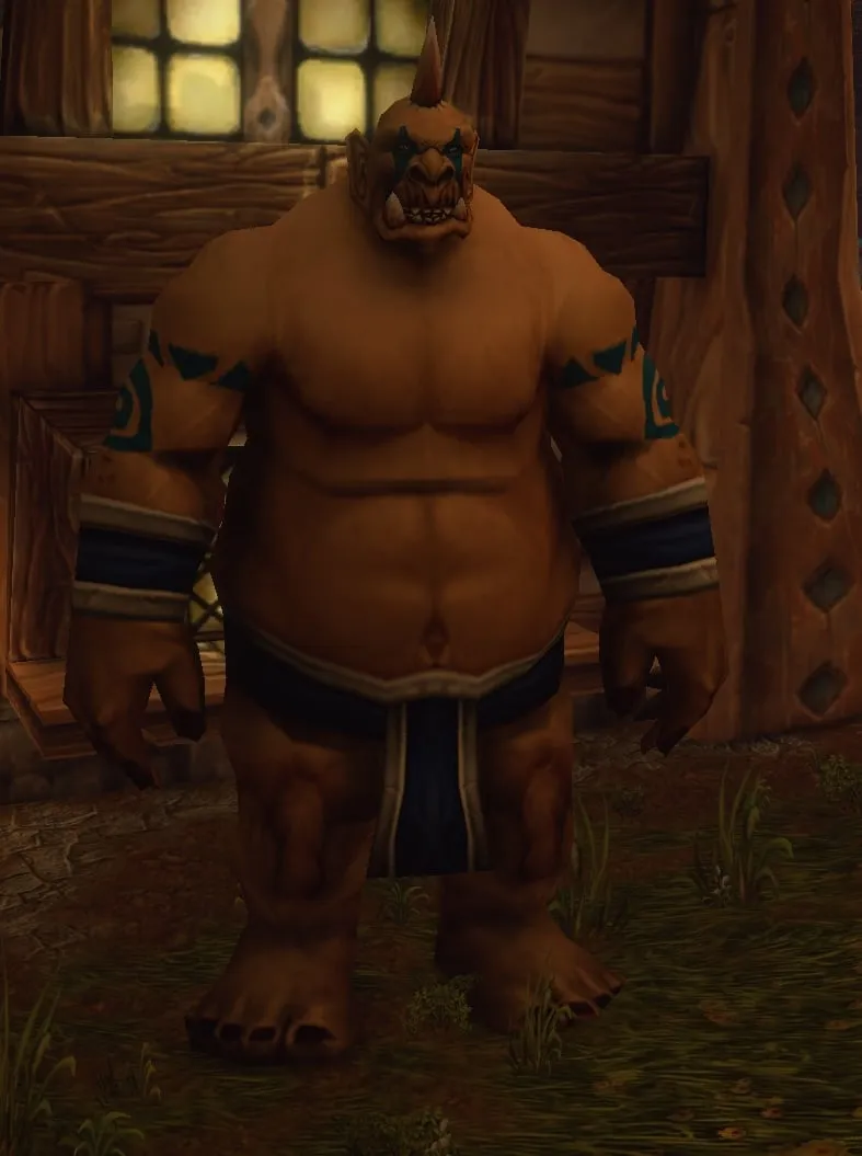A player in Ogre form in front of a wooden house, a screenshot from the beta of World of Warcraft: Forever