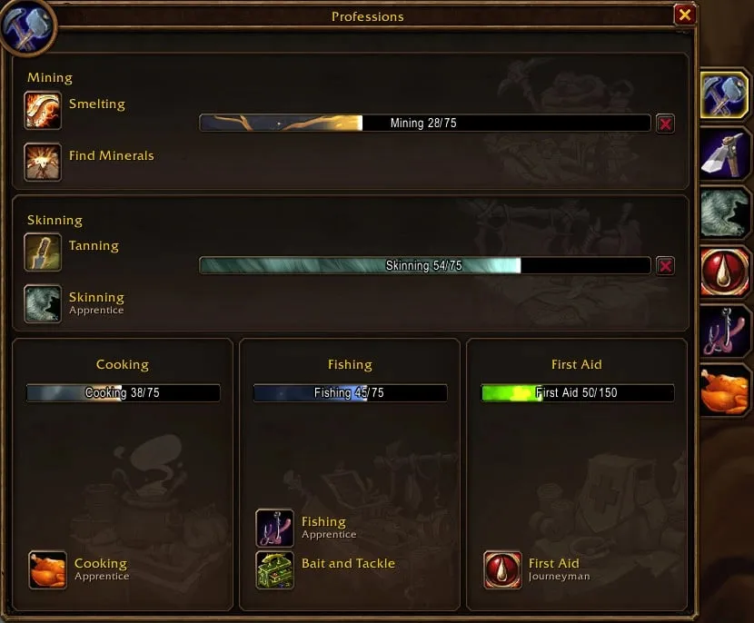 The Professions window of WoW Forever with Mining and Skinning at the top and Cooking, Fishing and First Aid at the bottom, a screenshot from the beta
