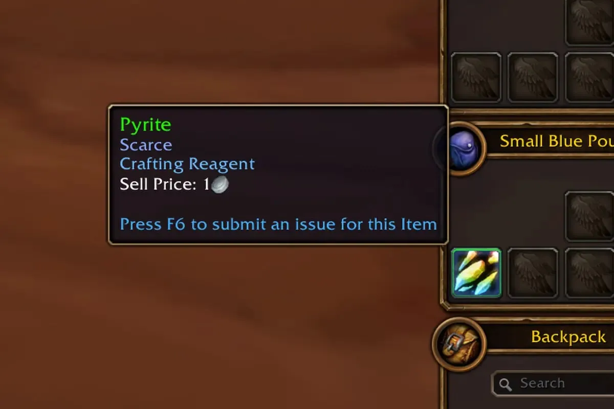 The tooltip of Pyrite in the bags, with the lines Scarce and Crafting Reagent, a screenshot from the beta of World of Warcraft: Forever