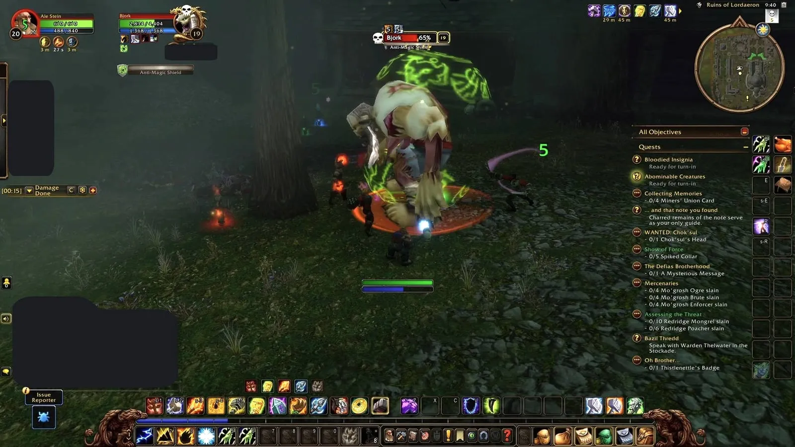 Bjork inside the green bubble of Anti-Magic Shield, in a fight with a group, a screenshot from the beta of World of Warcraft: Forever