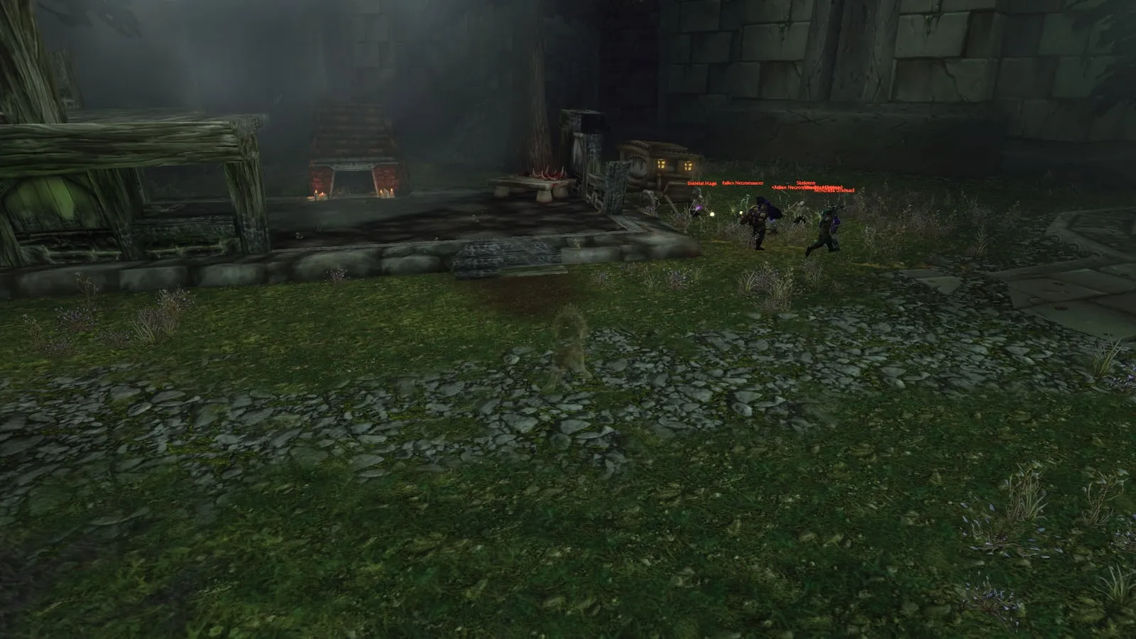 The fireplace in a burned-down house that starts the waves before Viktor the Vile, a screenshot from the beta of World of Warcraft: Forever