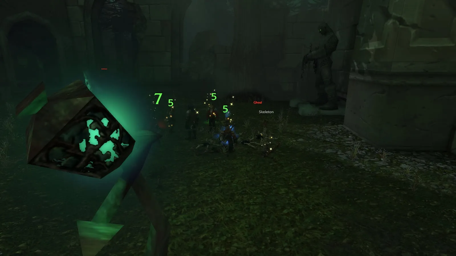 A glowing cage on the statue in the courtyard that starts the waves before The Abandoned, a screenshot from the beta of World of Warcraft: Forever