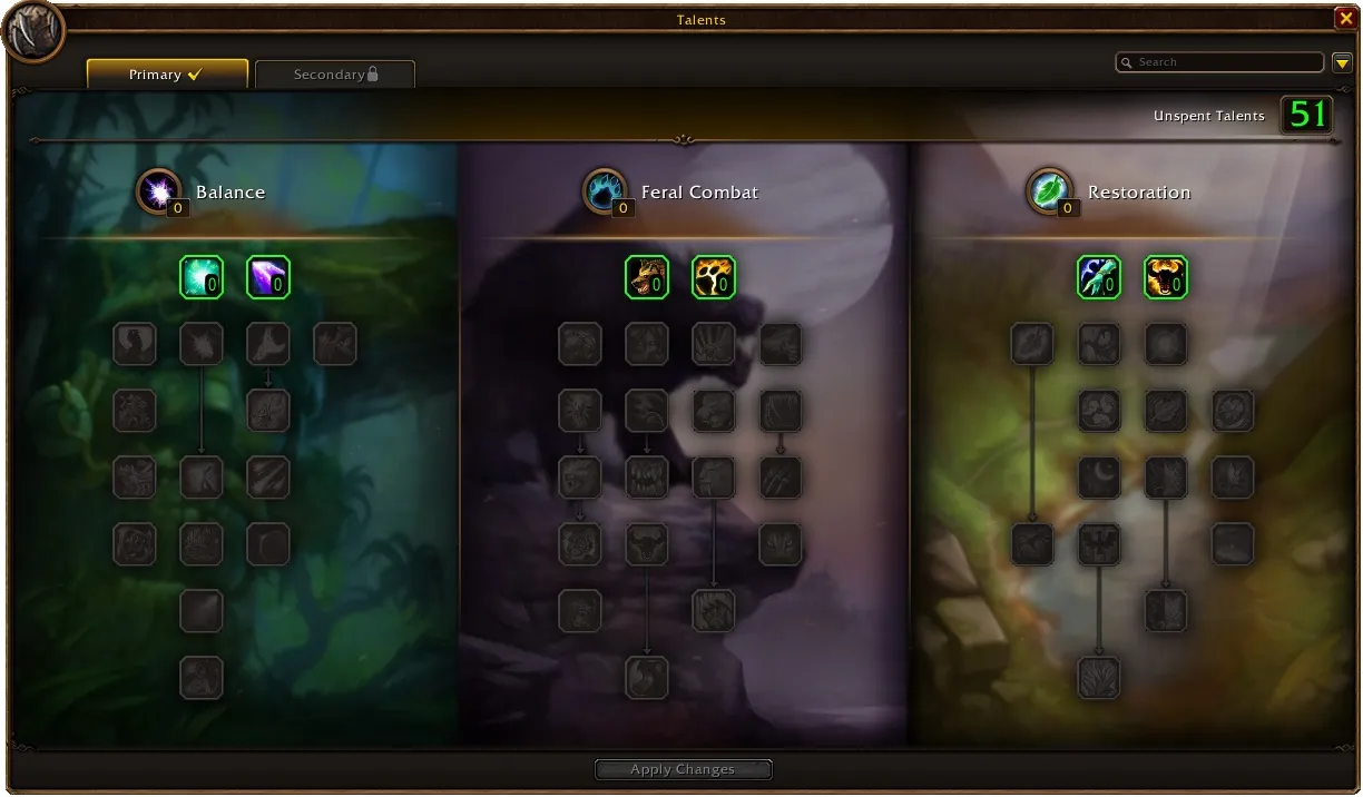 The three Druid talent trees in World of Warcraft: Forever: Balance, Feral Combat and Restoration