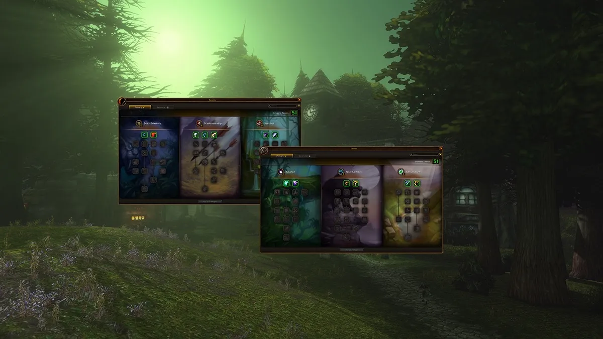 The talent windows of the Hunter and the Druid in World of Warcraft: Forever, with 51 unspent talent points, in front of a forest