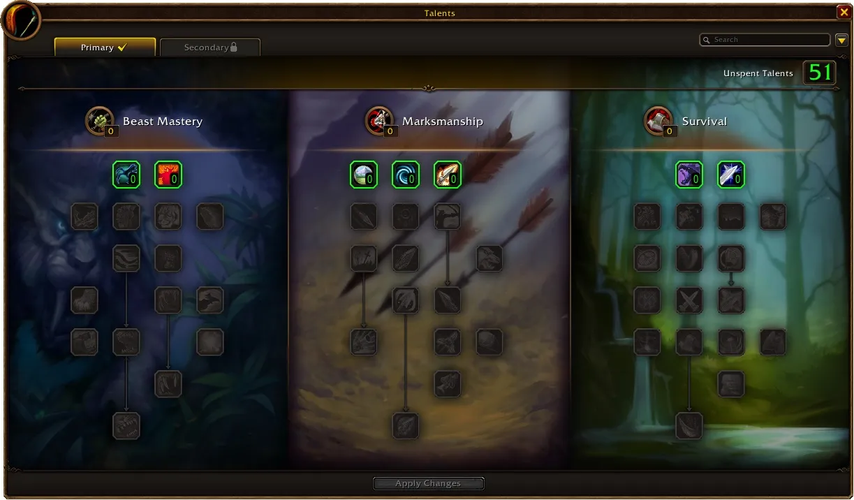 The three Hunter talent trees in World of Warcraft: Forever: Beast Mastery, Marksmanship and Survival