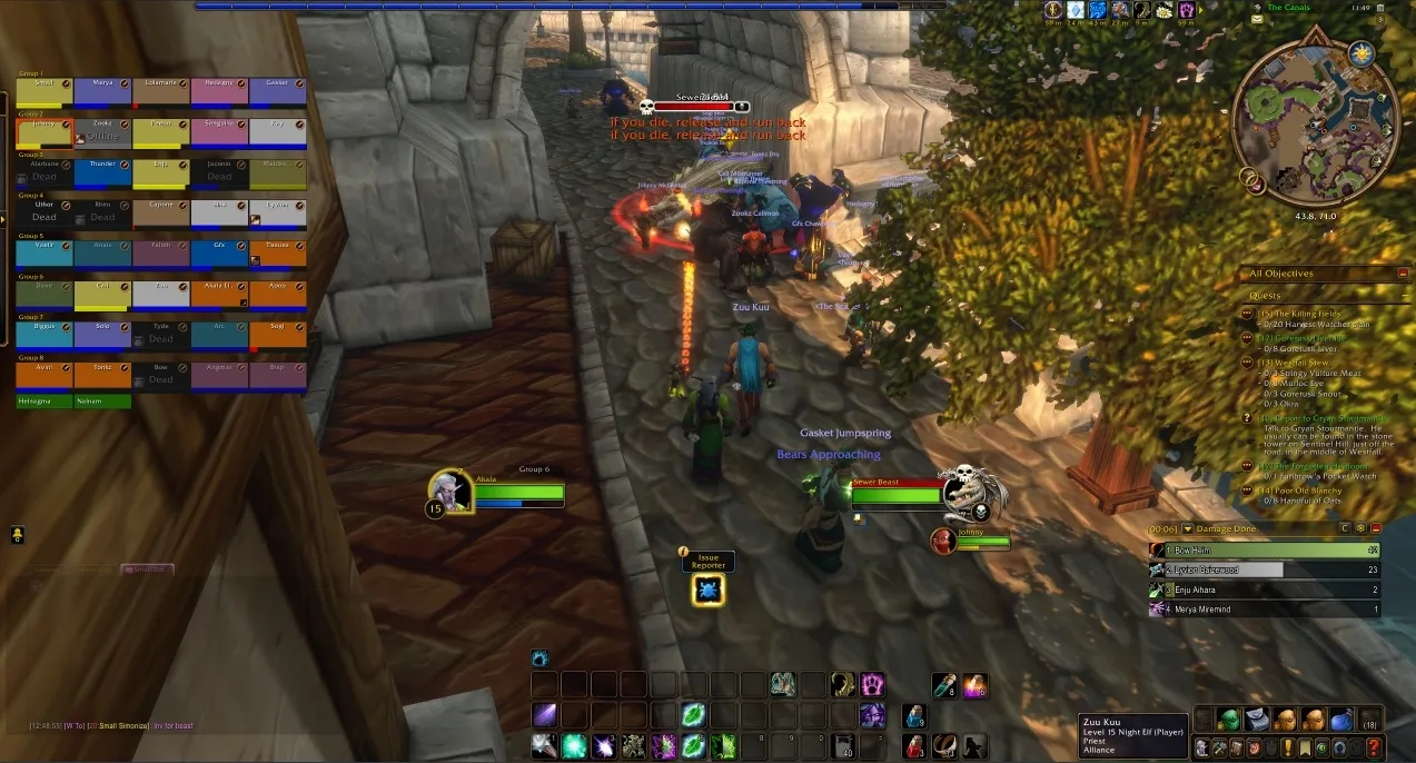 A large group of players fights the Sewer Beast in the canals of Stormwind, a screenshot from the beta of World of Warcraft: Forever