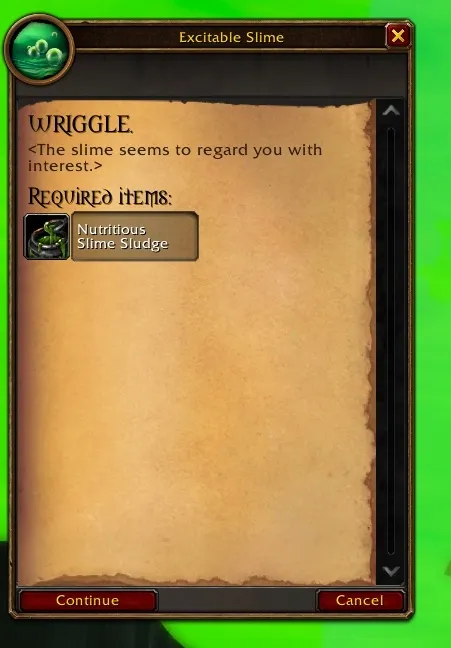 The quest WRIGGLE. from the Excitable Slime, which asks for Nutritious Slime Sludge, a screenshot from the beta of World of Warcraft: Forever
