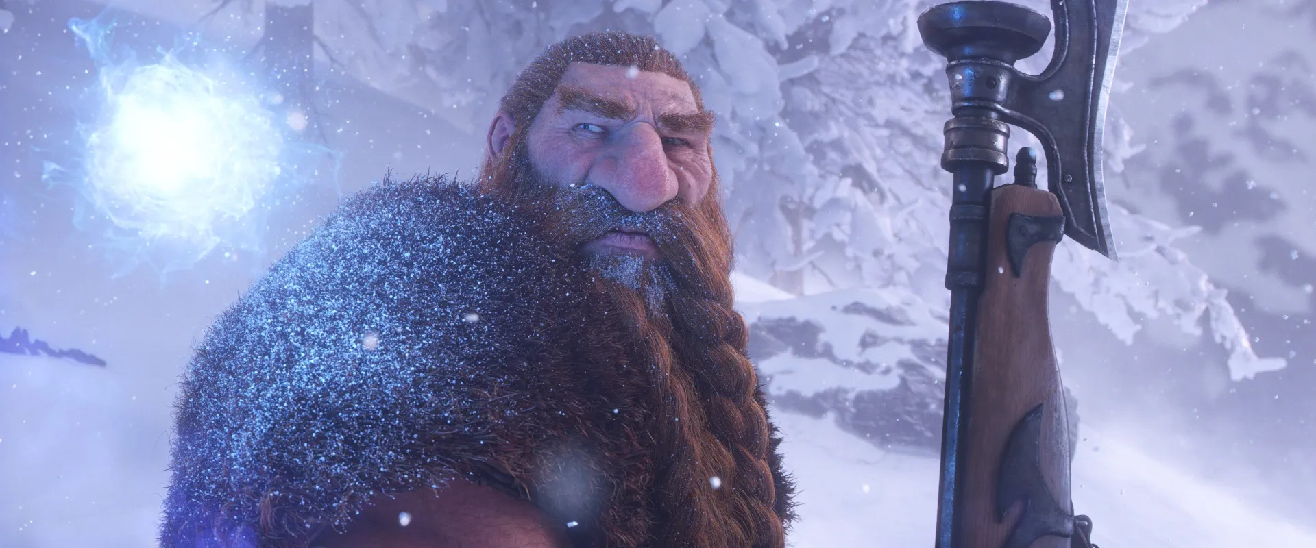 A Dwarf with a frosted red beard and an axe in falling snow, from the official cinematic of World of Warcraft: Forever
