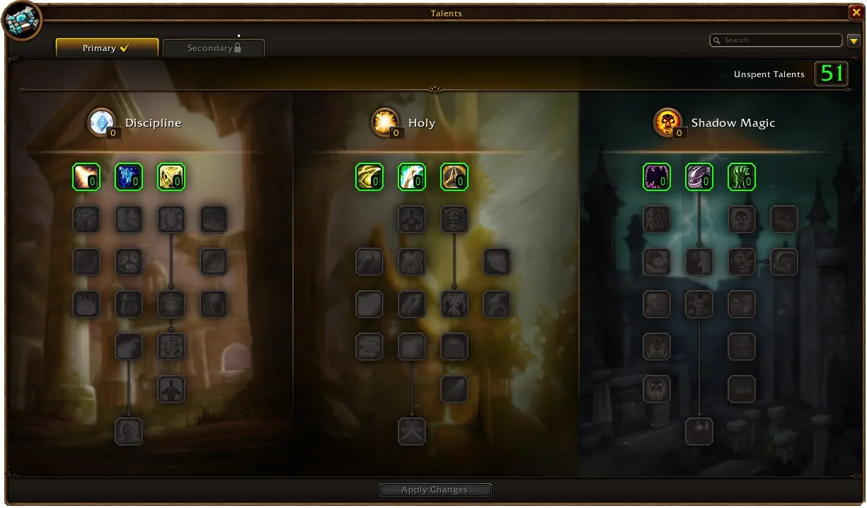 Die drei Talentbäume des Priests in World of Warcraft: Forever: Discipline, Holy und Shadow Magic