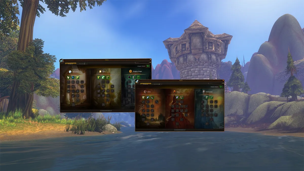 Die Talentfenster von Priest und Warrior in World of Warcraft: Forever, mit 51 freien Talentpunkten, vor einem Turm an einem Fluss