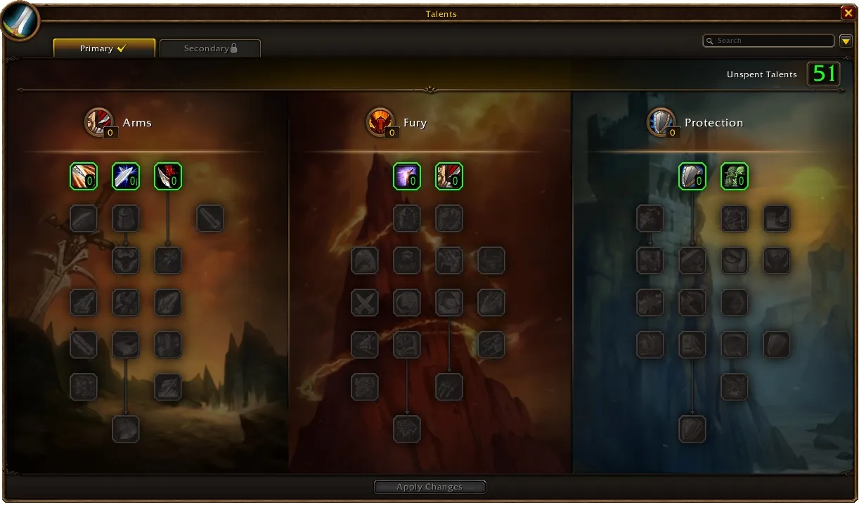 Die drei Talentbäume des Warrior in World of Warcraft: Forever: Arms, Fury und Protection, ein offizielles Bild von World of Warcraft: Forever