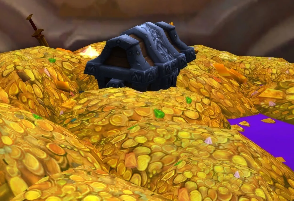 A dark iron chest half buried in a sea of gold coins and gems, a screenshot from World of Warcraft