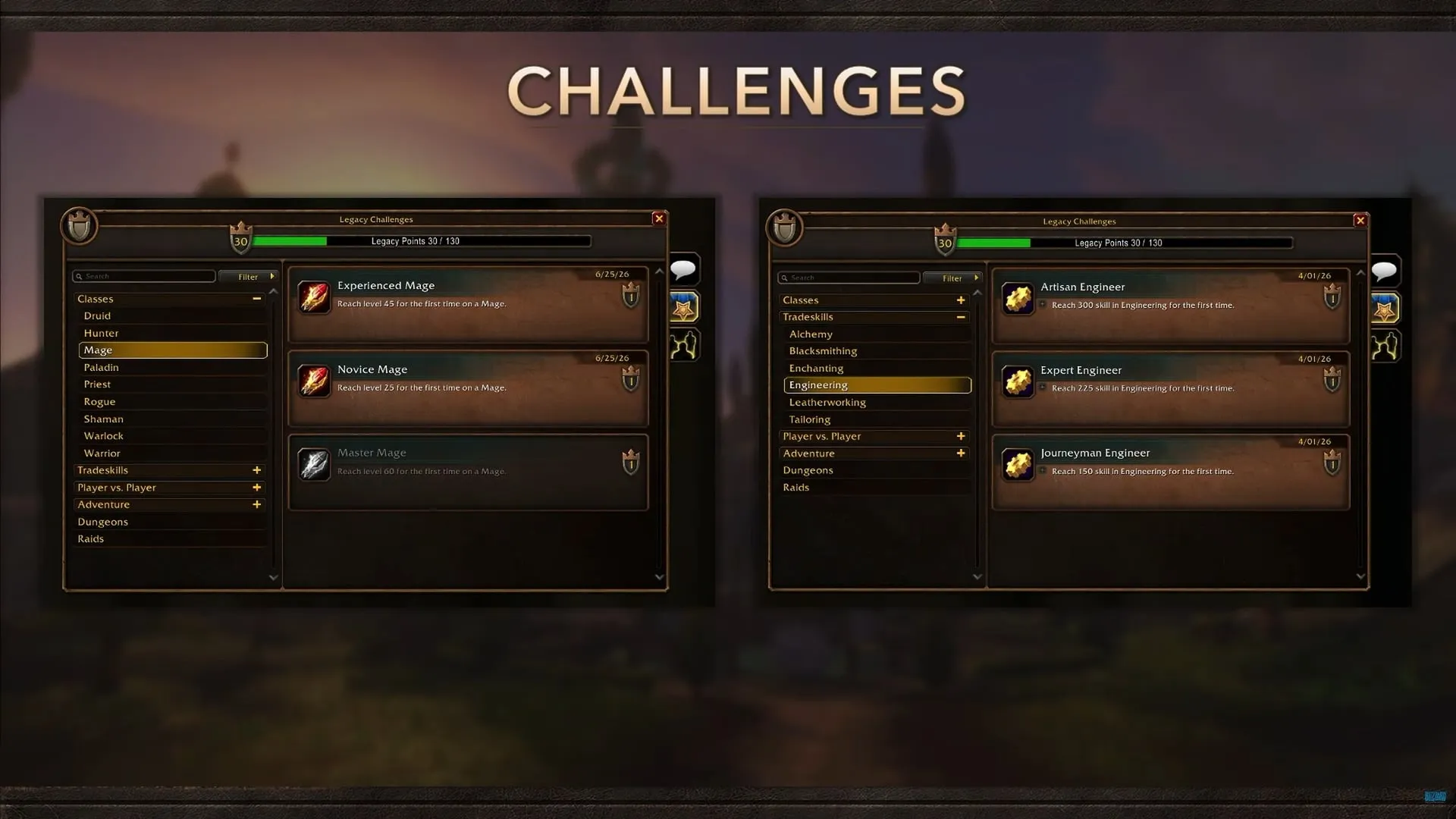 Two Legacy Challenges windows side by side, with Mage challenges on the left and Engineering challenges on the right, under the word Challenges, an official image of World of Warcraft: Forever