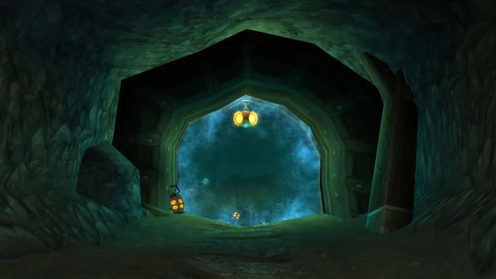 A wooden mine entrance with two lanterns in a dark green cave, a screenshot from World of Warcraft