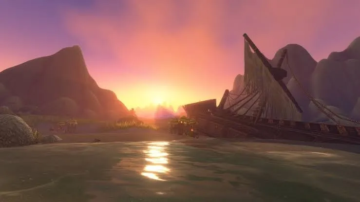 A wrecked ship on a beach at sunset between steep rocks, with the sun reflecting in the water, a screenshot from World of Warcraft